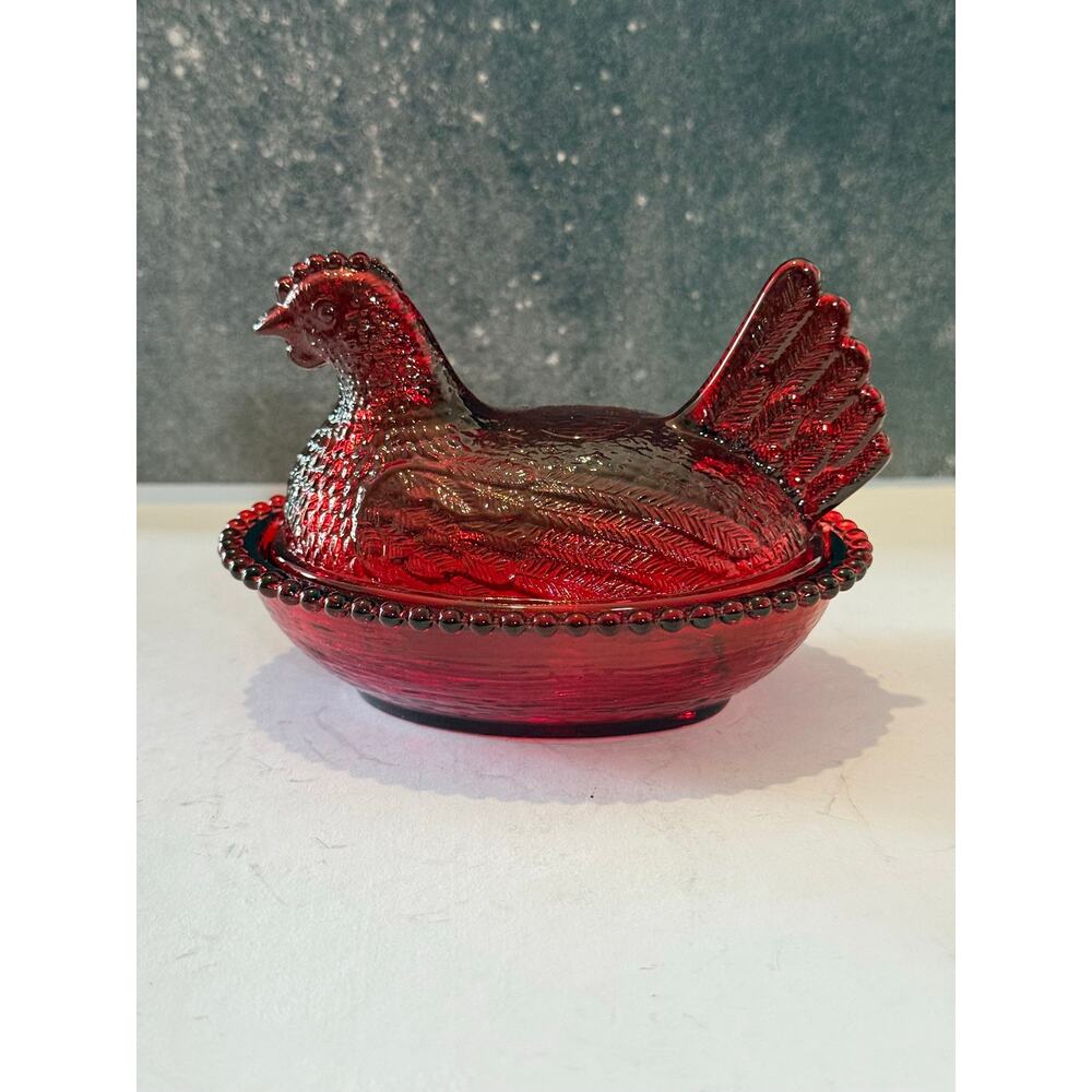Vintage Ruby Red Glass Hen On Nest Covered  Dish Beaded Rim 5 Inch - Picture 4 of 13